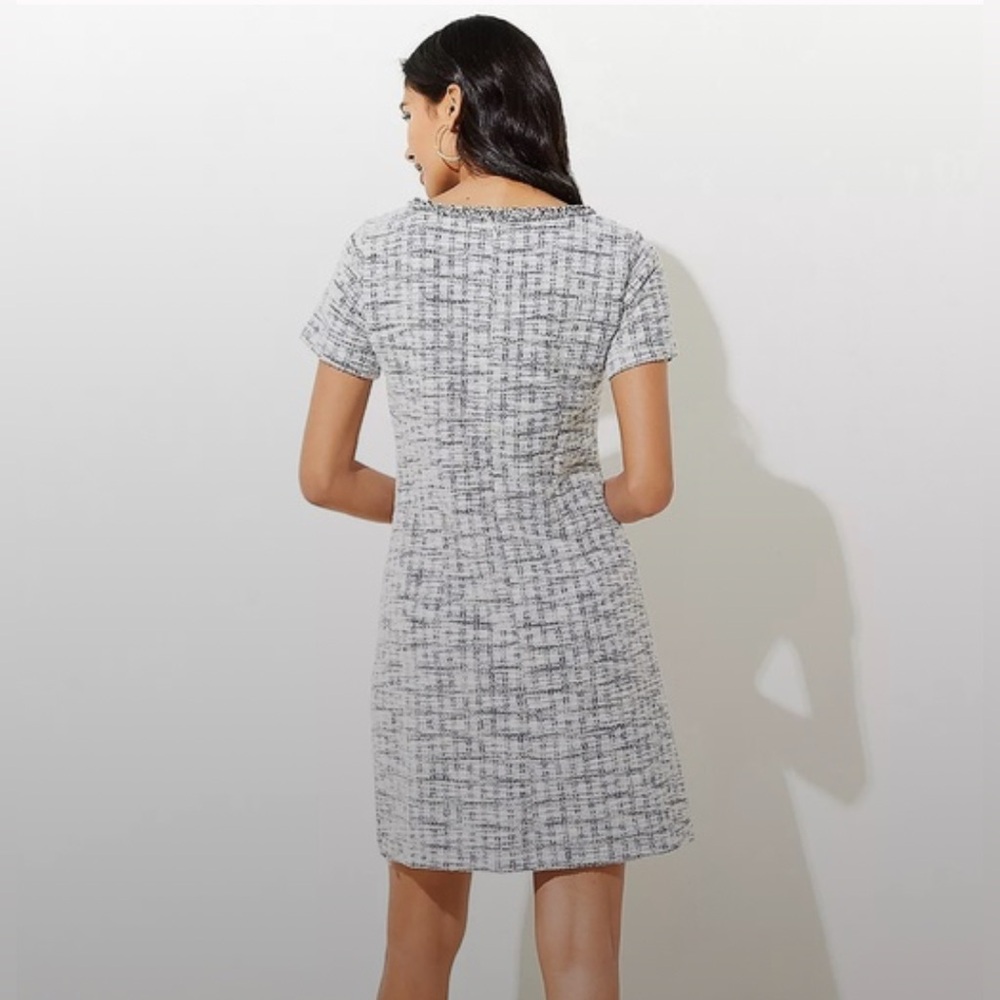 LOFT Black White Tweed Shift Dress | Parisian Chic Mini | Textured Bouclé Style - Picture 3 of 9